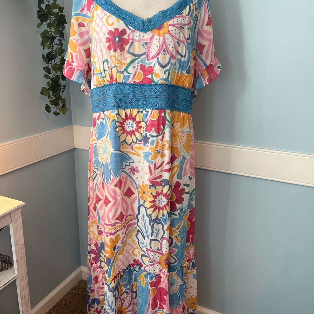 Luxology Blue and Pink Floral Maxi Dress